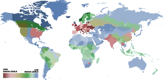 Weltkarte mit Radonvorkommen.