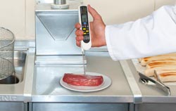 Checking the core temperature of food with an infrared food thermometer.