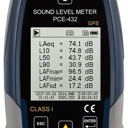 Class 1 Data-Logging Decibel Meter with GPS PCE-432 display