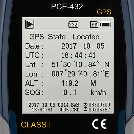 Class 1 Data-Logging Decibel Meter with GPS PCE-432 display