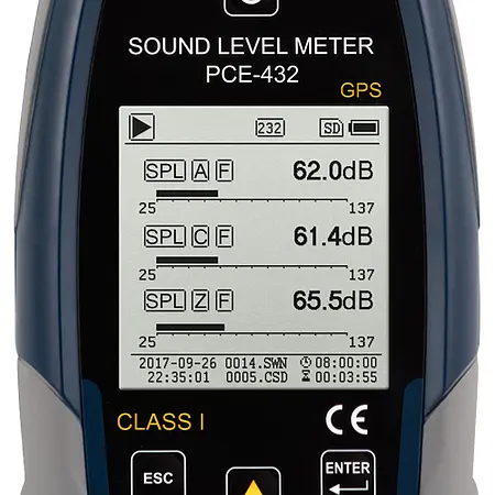 Class 1 Data-Logging SPL Meter with GPS PCE-432 display