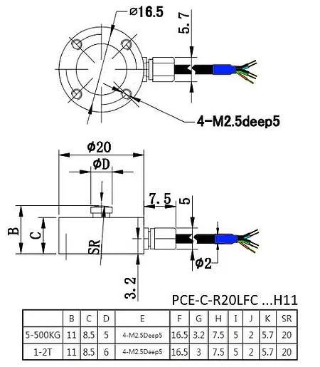 Force Gage PCE-C-R20LFC-H11 series 5-2000 kg - diagram