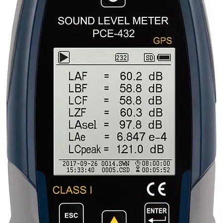 Class 1 Data Logging SPL Meter w/GPS & ISO Cert. PCE-432-ICA display