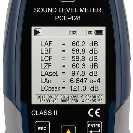 Class 2 Data-Logging Decibel Meter PCE-428 screen