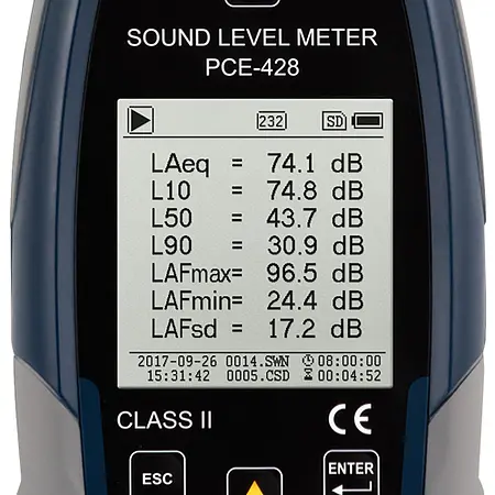 Class 2 Data-Logging Decibel Meter PCE-428 screen