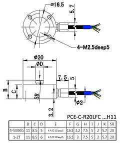 Force Sensor PCE-C-R20LFC-H11 series 5-2000 kg - diagram