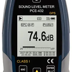 Class 1 Data Logging Noise Meter / Sound Meter w/GPS & ISO Cert. PCE-432-ICA display